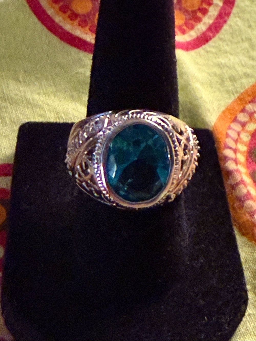 Ornate Silver Ring with Teal Blue Oval Gemstone